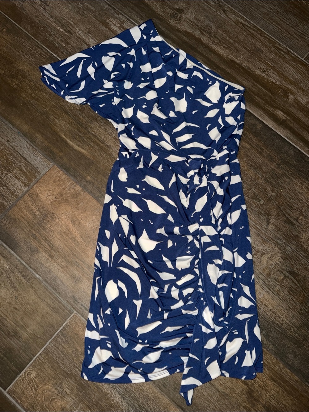 Principles by Ben de Lisi One-Shoulder Navy and White Abstract Print Dress